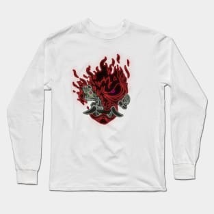 Red Neon Fire Samurai Skull Long Sleeve T-Shirt